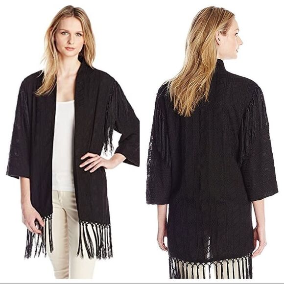 SAM Edelman Black Open Front Embroidered Tassel Western Oversized Long Kimono S - Picture 1 of 8